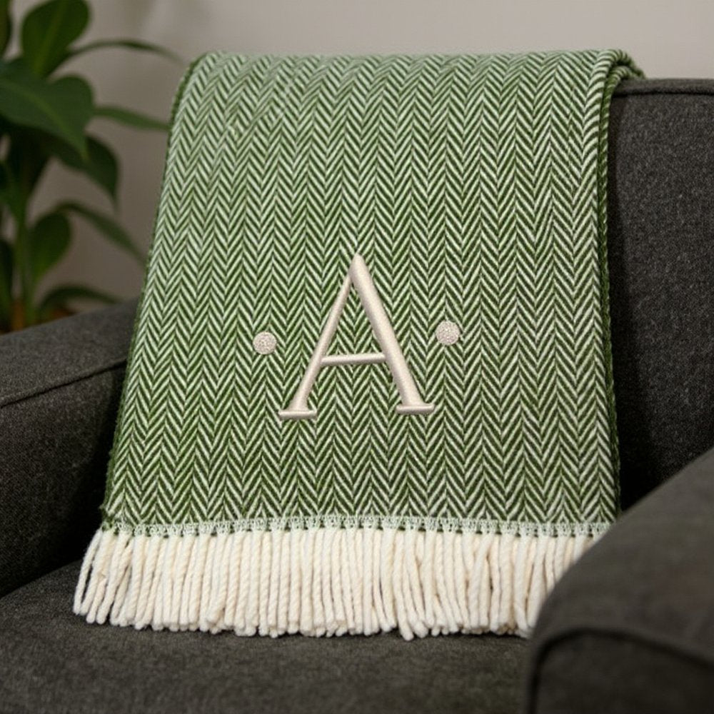 55" X 70" Moss Green And White Herringbone Cotton Blend S Initial Throw Blanket with Tassels And Embroidery HomeRoots