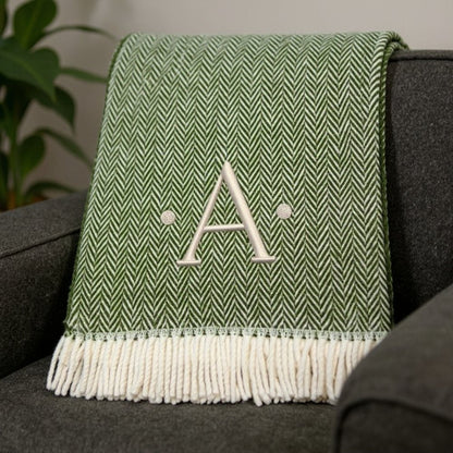 55" X 70" Moss Green And White Herringbone Cotton Blend S Initial Throw Blanket with Tassels And Embroidery HomeRoots