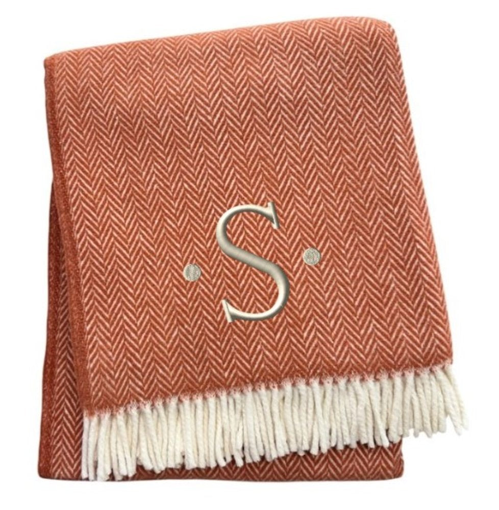 55" X 70" Terra Cotta And White Herringbone Cotton Blend S Initial Throw Blanket with Tassels And Embroidery HomeRoots