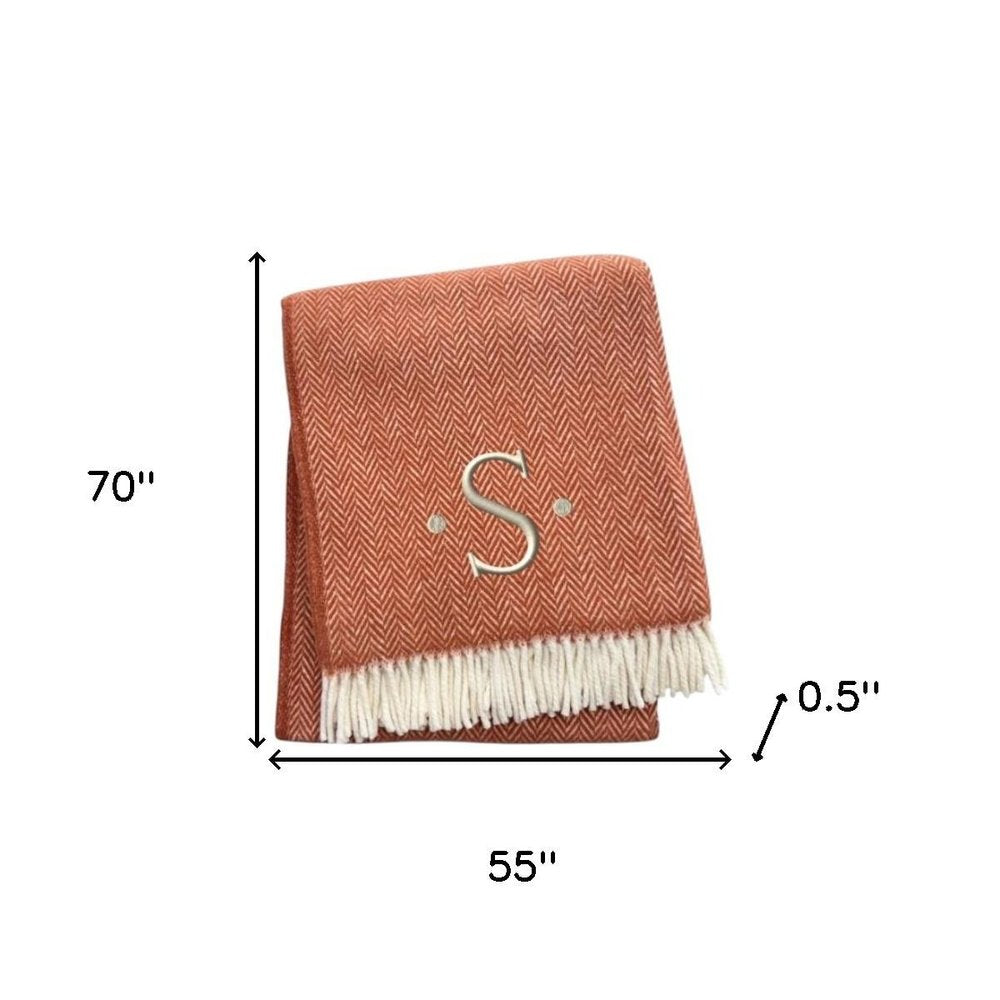 55" X 70" Terra Cotta And White Herringbone Cotton Blend S Initial Throw Blanket with Tassels And Embroidery HomeRoots