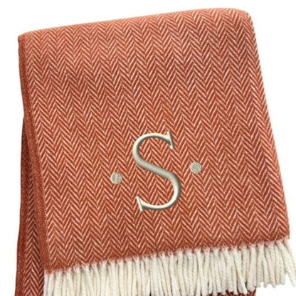 55" X 70" Terra Cotta And White Herringbone Cotton Blend S Initial Throw Blanket with Tassels And Embroidery HomeRoots