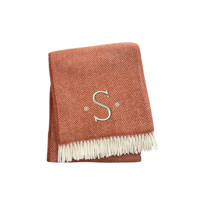 55" X 70" Terra Cotta And White Herringbone Cotton Blend S Initial Throw Blanket with Tassels And Embroidery HomeRoots
