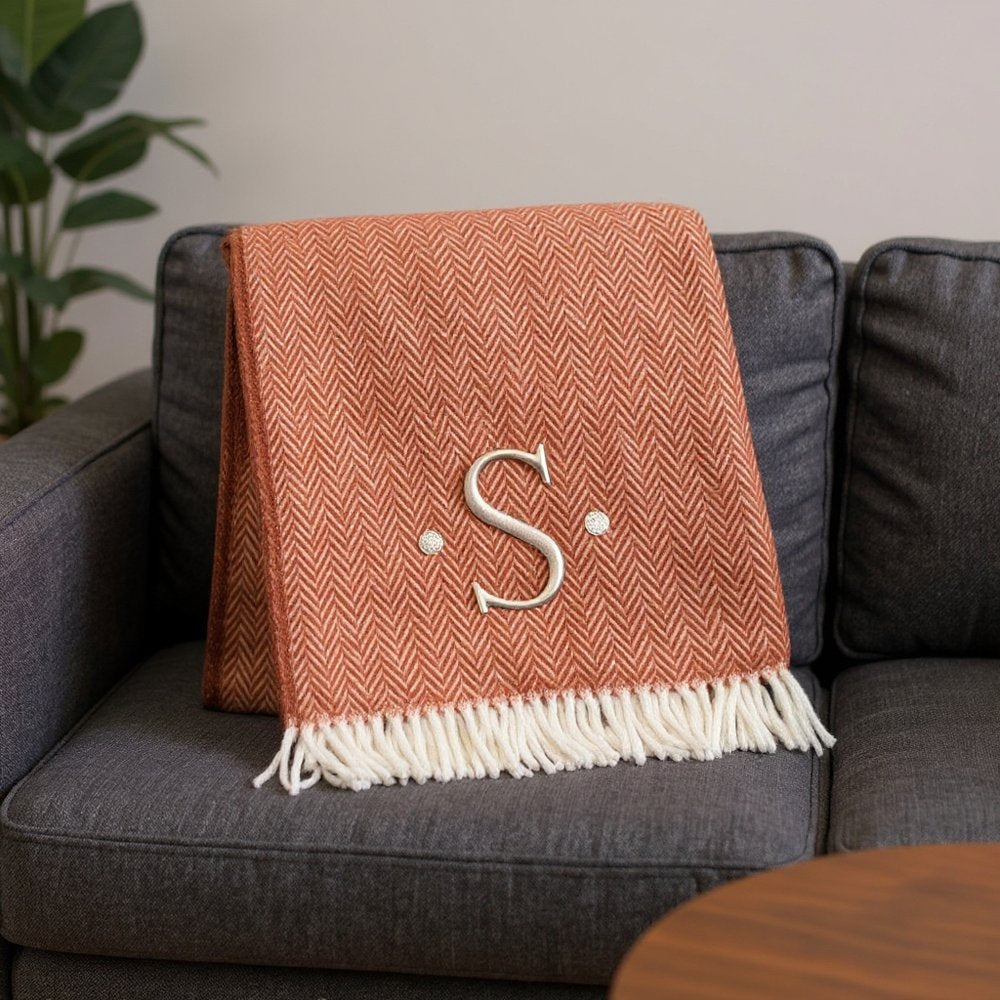 55" X 70" Terra Cotta And White Herringbone Cotton Blend S Initial Throw Blanket with Tassels And Embroidery HomeRoots