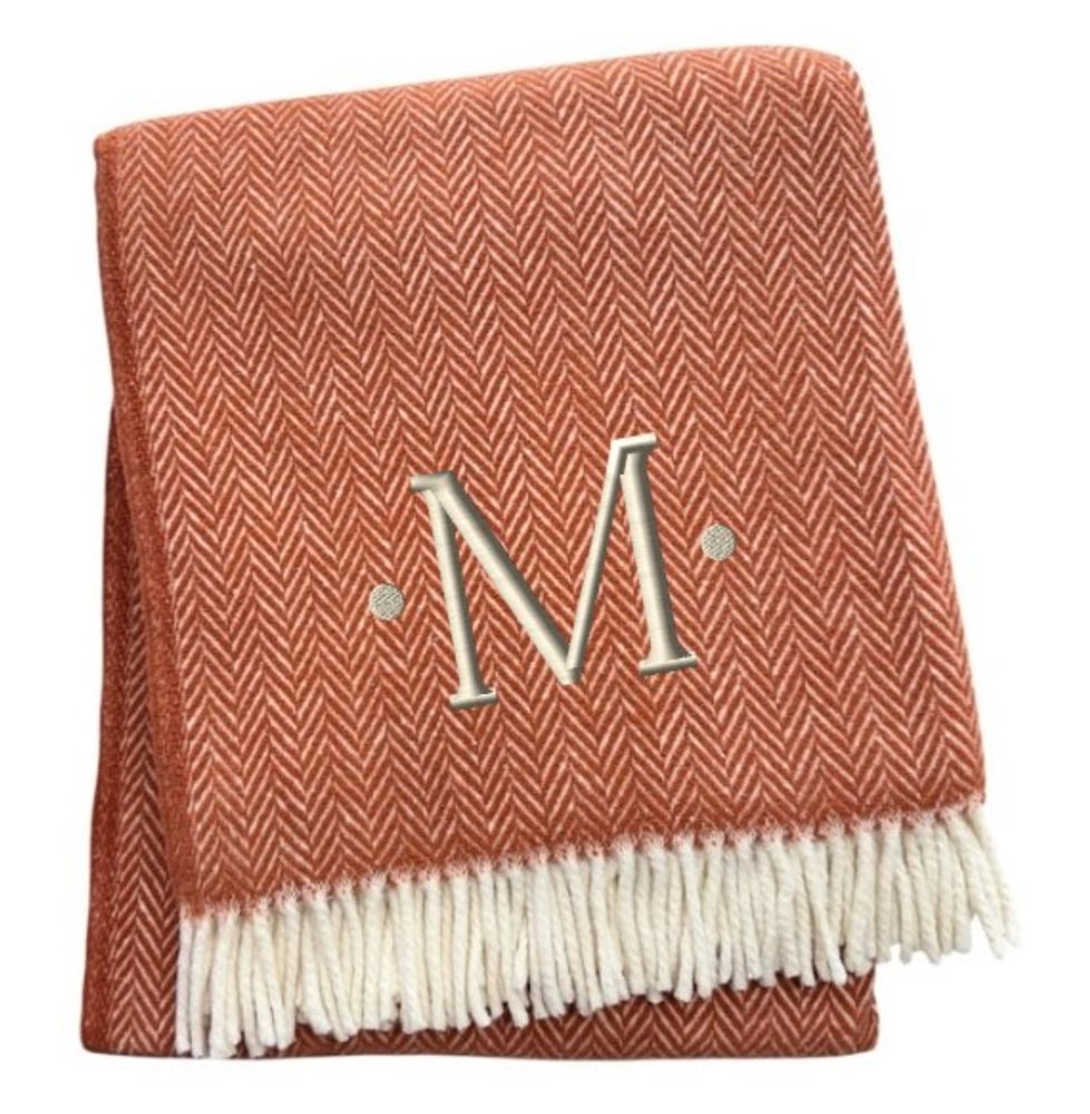 55" X 70" Terra Cotta And White Herringbone Cotton Blend S Initial Throw Blanket with Tassels And Embroidery HomeRoots
