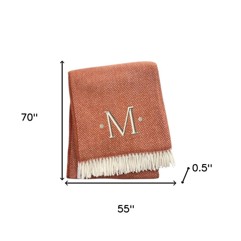 55" X 70" Terra Cotta And White Herringbone Cotton Blend S Initial Throw Blanket with Tassels And Embroidery HomeRoots
