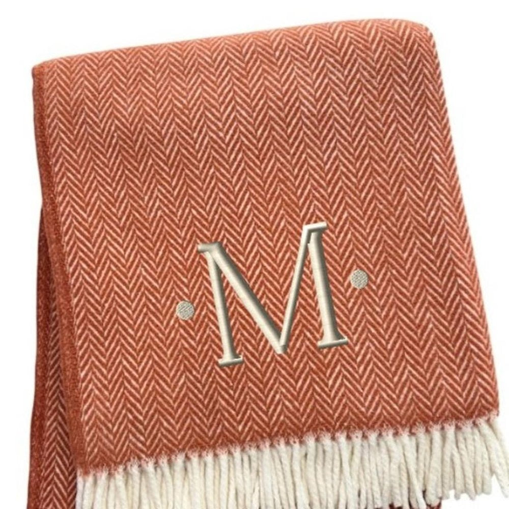 55" X 70" Terra Cotta And White Herringbone Cotton Blend S Initial Throw Blanket with Tassels And Embroidery HomeRoots