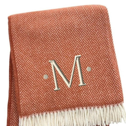 55" X 70" Terra Cotta And White Herringbone Cotton Blend S Initial Throw Blanket with Tassels And Embroidery HomeRoots