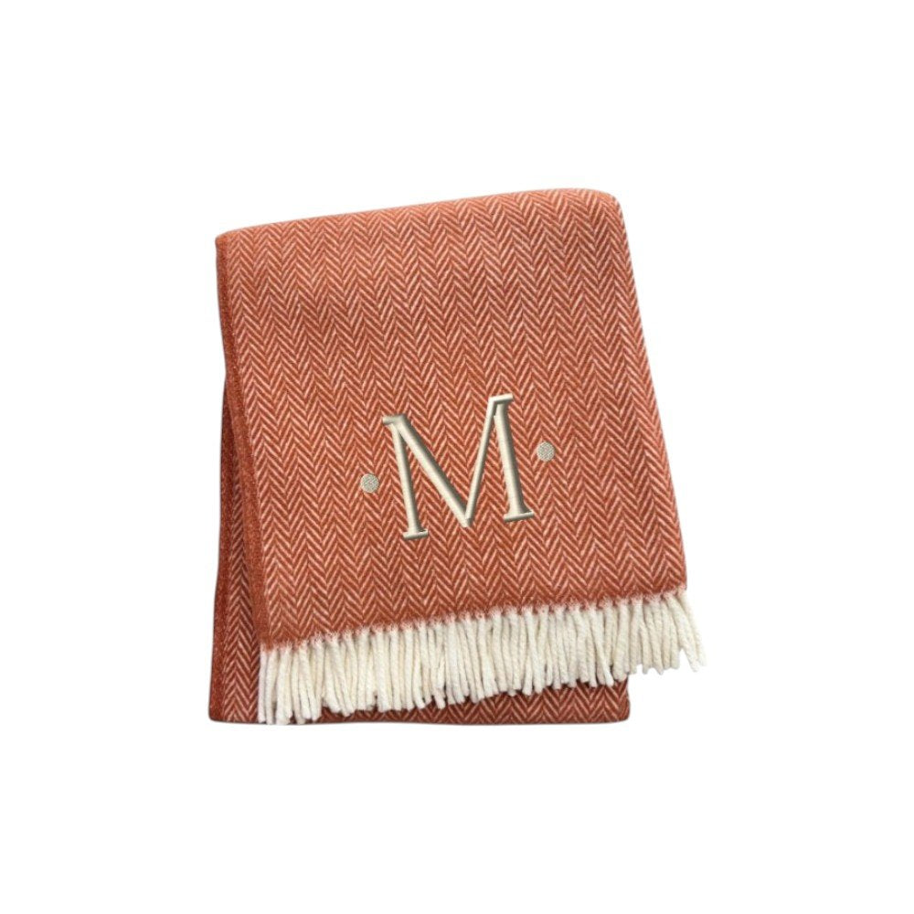 55" X 70" Terra Cotta And White Herringbone Cotton Blend S Initial Throw Blanket with Tassels And Embroidery HomeRoots