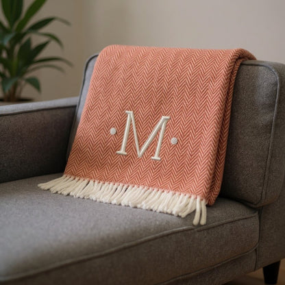 55" X 70" Terra Cotta And White Herringbone Cotton Blend S Initial Throw Blanket with Tassels And Embroidery HomeRoots