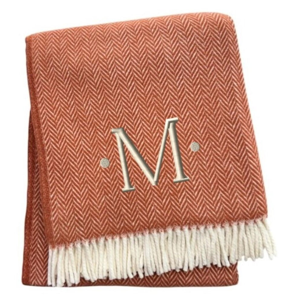 55" X 70" Terra Cotta And White Herringbone Cotton Blend S Initial Throw Blanket with Tassels And Embroidery HomeRoots