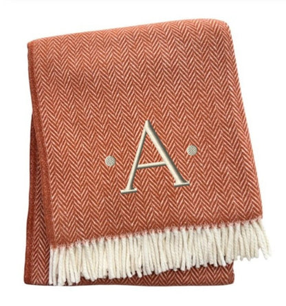 55" X 70" Terra Cotta And White Herringbone Cotton Blend S Initial Throw Blanket with Tassels And Embroidery HomeRoots