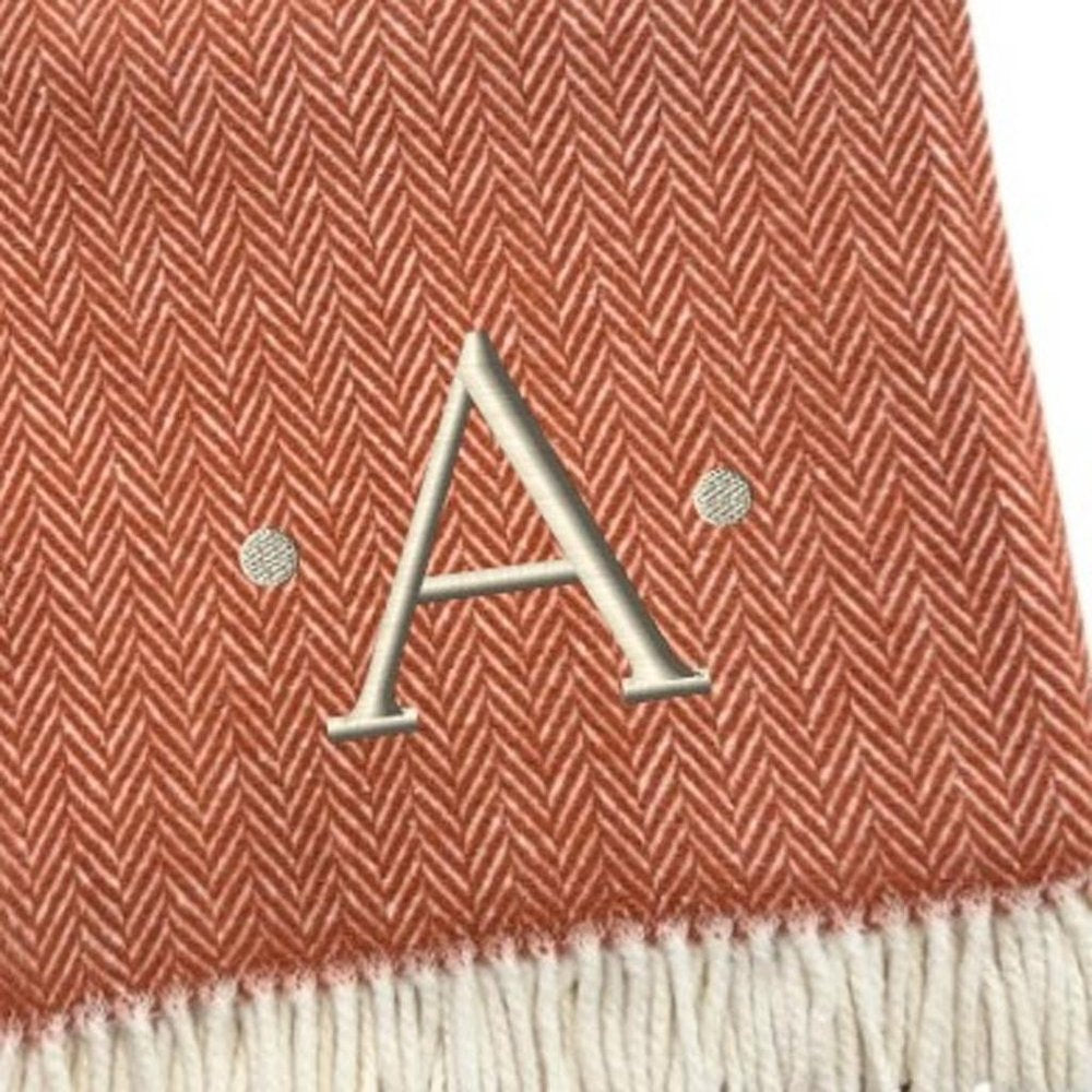 55" X 70" Terra Cotta And White Herringbone Cotton Blend S Initial Throw Blanket with Tassels And Embroidery HomeRoots