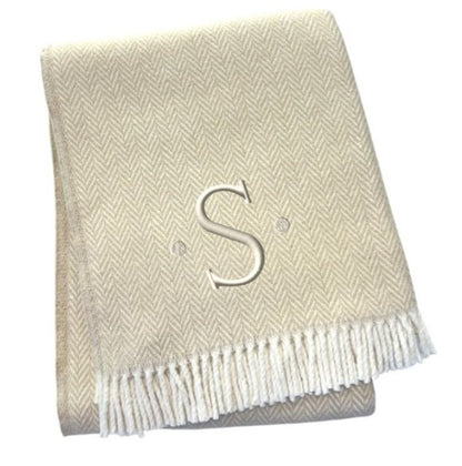 55" X 70" Linen And White Herringbone Cotton Blend S Initial Throw Blanket with Tassels And Embroidery HomeRoots