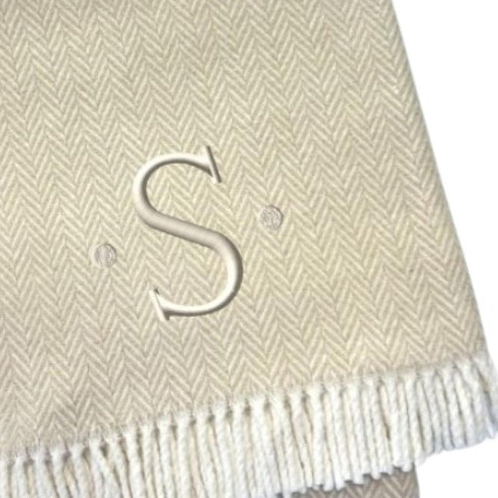 55" X 70" Linen And White Herringbone Cotton Blend S Initial Throw Blanket with Tassels And Embroidery HomeRoots