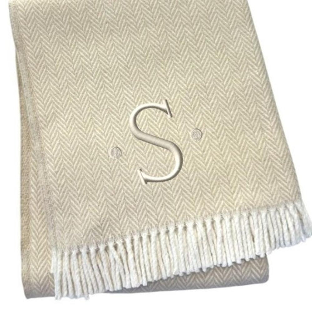 55" X 70" Linen And White Herringbone Cotton Blend S Initial Throw Blanket with Tassels And Embroidery HomeRoots