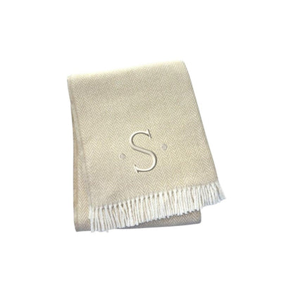 55" X 70" Linen And White Herringbone Cotton Blend S Initial Throw Blanket with Tassels And Embroidery HomeRoots