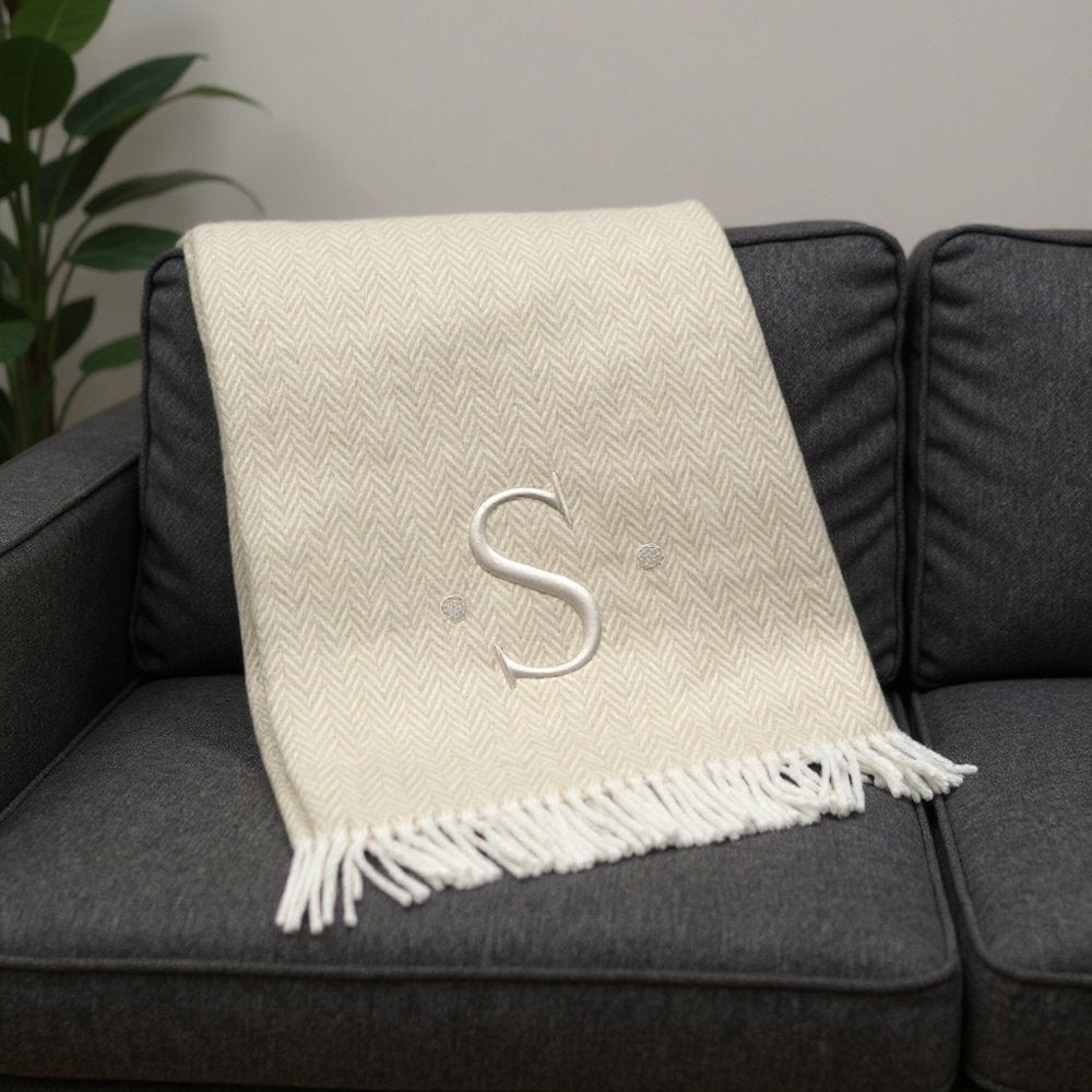 55" X 70" Linen And White Herringbone Cotton Blend S Initial Throw Blanket with Tassels And Embroidery HomeRoots