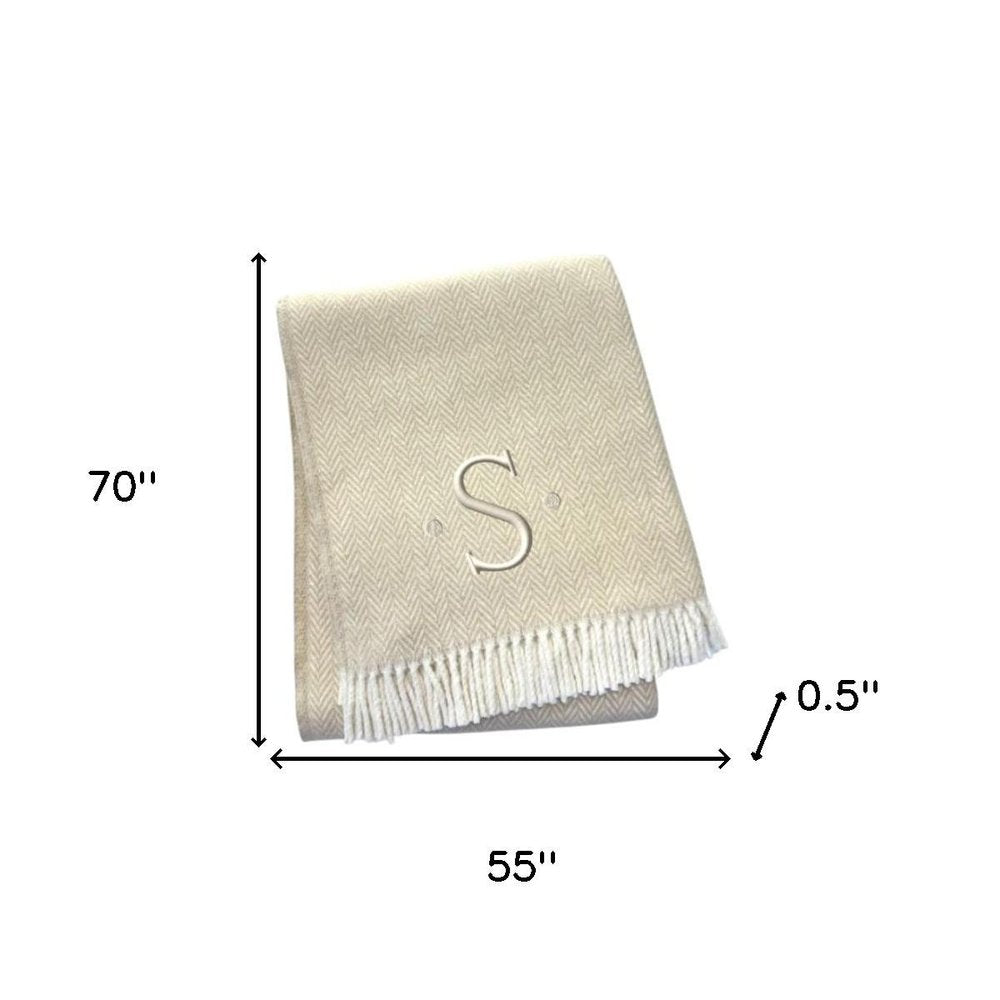 55" X 70" Linen And White Herringbone Cotton Blend S Initial Throw Blanket with Tassels And Embroidery HomeRoots