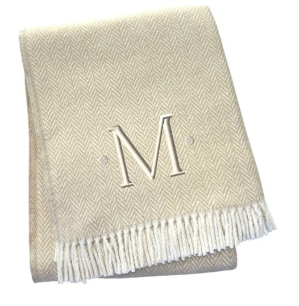 55" X 70" Linen And White Herringbone Cotton Blend S Initial Throw Blanket with Tassels And Embroidery HomeRoots