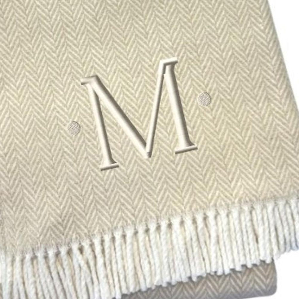 55" X 70" Linen And White Herringbone Cotton Blend S Initial Throw Blanket with Tassels And Embroidery HomeRoots