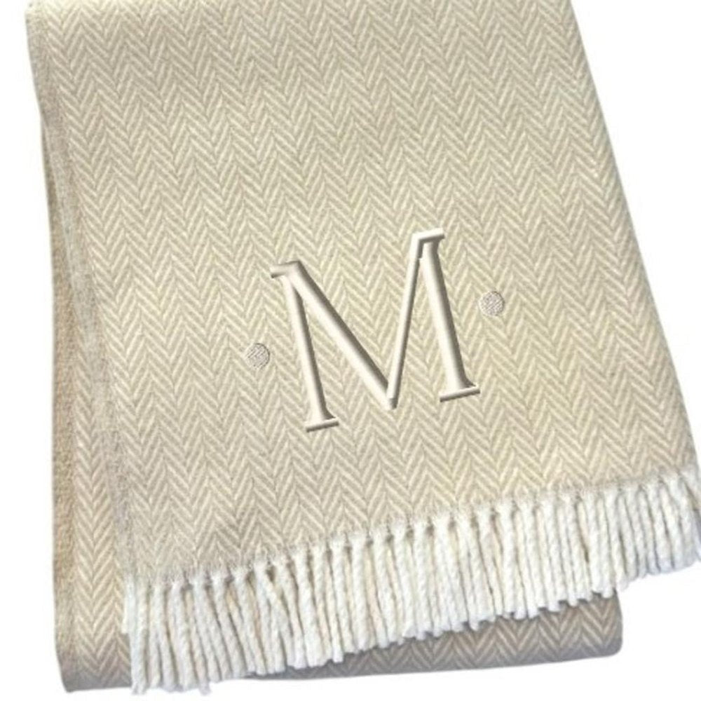 55" X 70" Linen And White Herringbone Cotton Blend S Initial Throw Blanket with Tassels And Embroidery HomeRoots