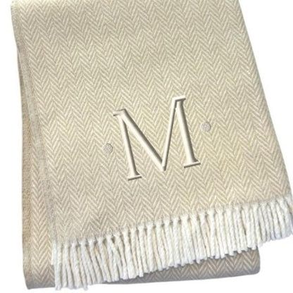 55" X 70" Linen And White Herringbone Cotton Blend S Initial Throw Blanket with Tassels And Embroidery HomeRoots