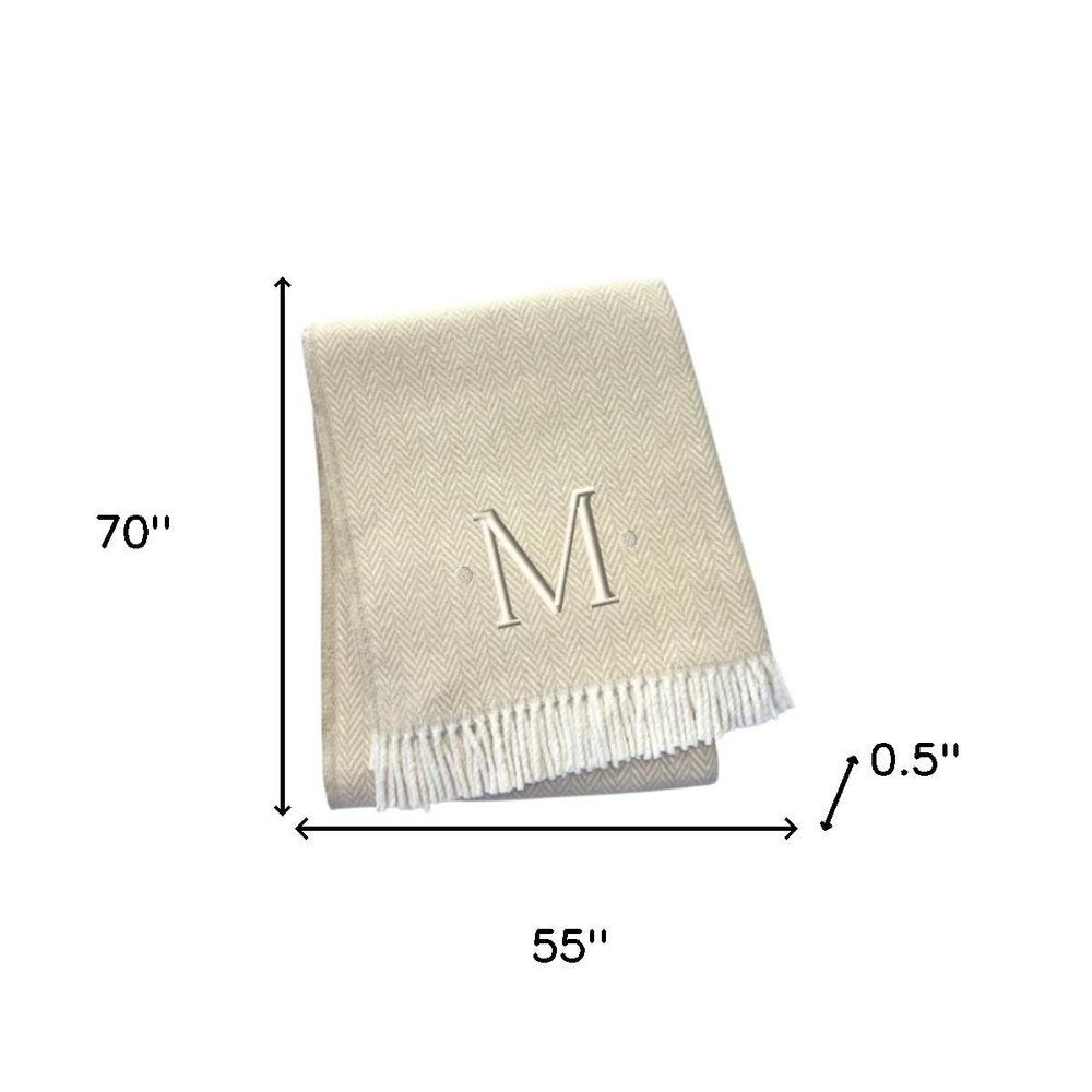 55" X 70" Linen And White Herringbone Cotton Blend S Initial Throw Blanket with Tassels And Embroidery HomeRoots