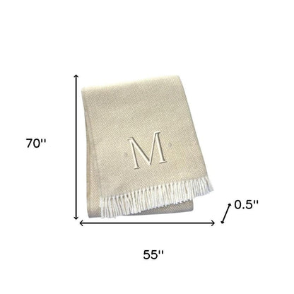 55" X 70" Linen And White Herringbone Cotton Blend S Initial Throw Blanket with Tassels And Embroidery HomeRoots