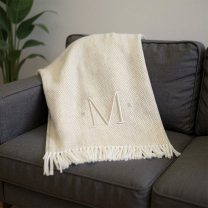 55" X 70" Linen And White Herringbone Cotton Blend S Initial Throw Blanket with Tassels And Embroidery HomeRoots