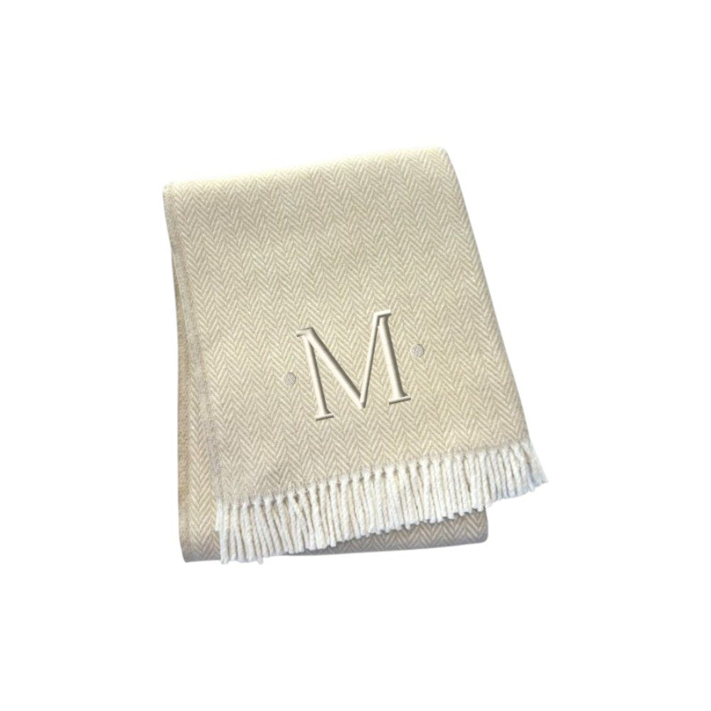 55" X 70" Linen And White Herringbone Cotton Blend S Initial Throw Blanket with Tassels And Embroidery HomeRoots