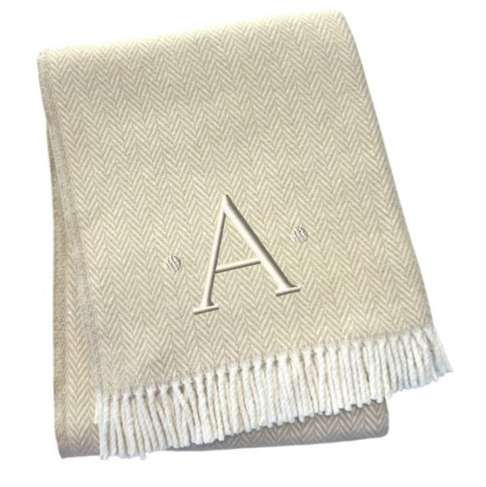 55" X 70" Linen And White Herringbone Cotton Blend S Initial Throw Blanket with Tassels And Embroidery HomeRoots