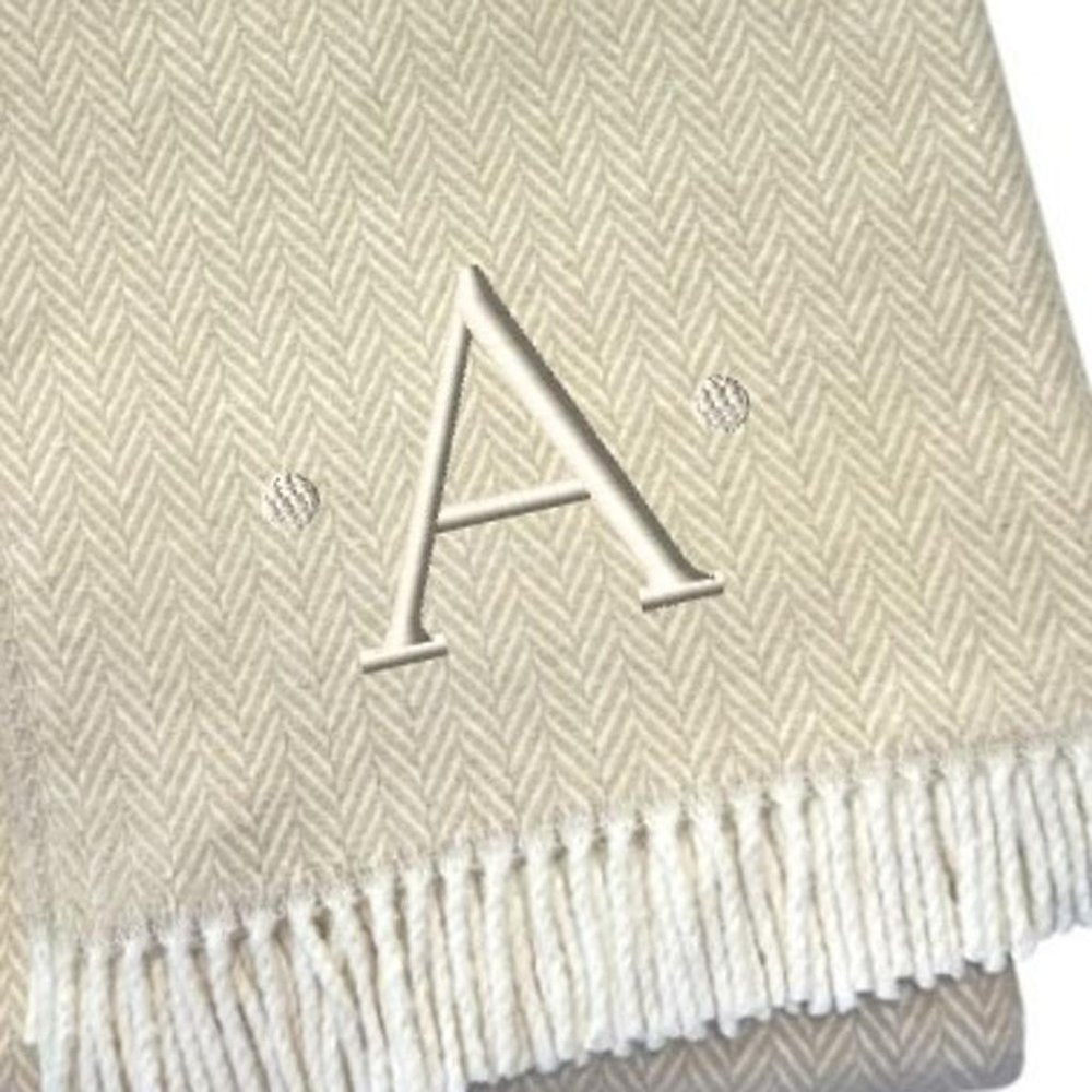 55" X 70" Linen And White Herringbone Cotton Blend S Initial Throw Blanket with Tassels And Embroidery HomeRoots