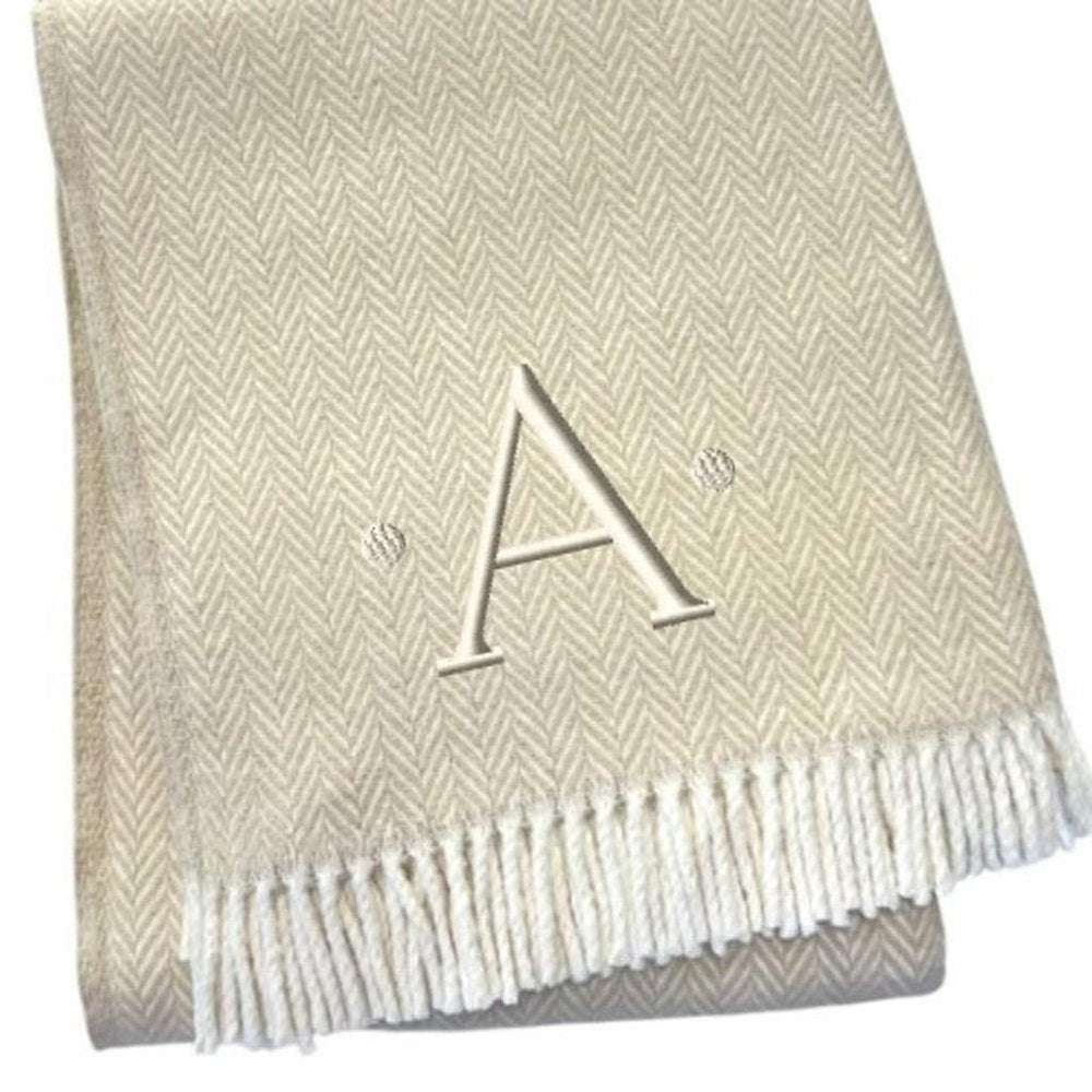 55" X 70" Linen And White Herringbone Cotton Blend S Initial Throw Blanket with Tassels And Embroidery HomeRoots