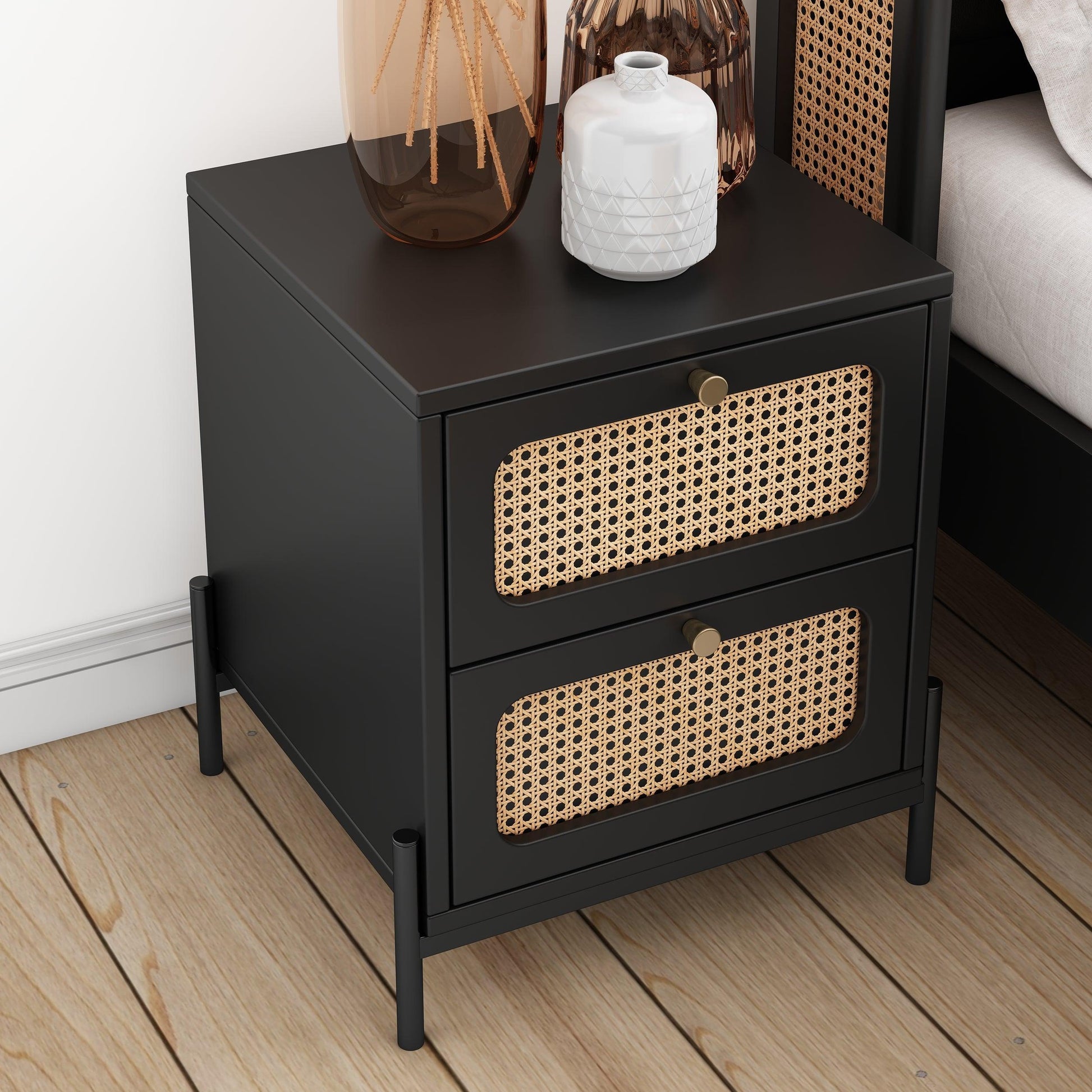 Modern Cannage Rattan Wood Closet 2-Drawer Side Table End Table Nightstand for Bedroom Living Room Entryway Hallway Black - FurniFindUSA