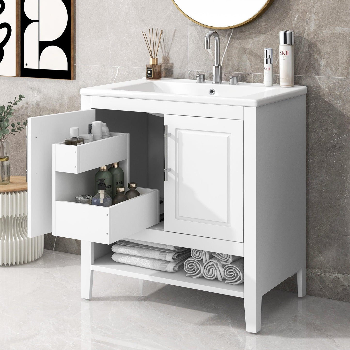 30" Bathroom Vanity with Sink Multi-functional Bathroom Cabinet with Doors and Drawers Solid Frame and MDF Board, White - FurniFindUSA