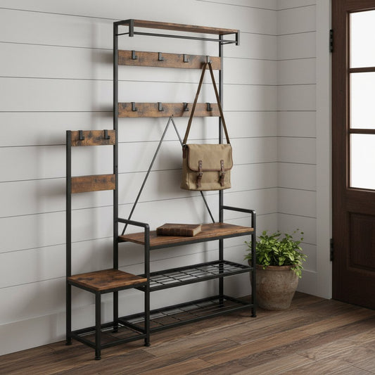 71" Black And Brown Rustic Ten Hook Coat Rack Storage Bench HomeRoots