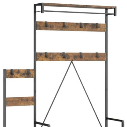 71" Black And Brown Rustic Ten Hook Coat Rack Storage Bench HomeRoots