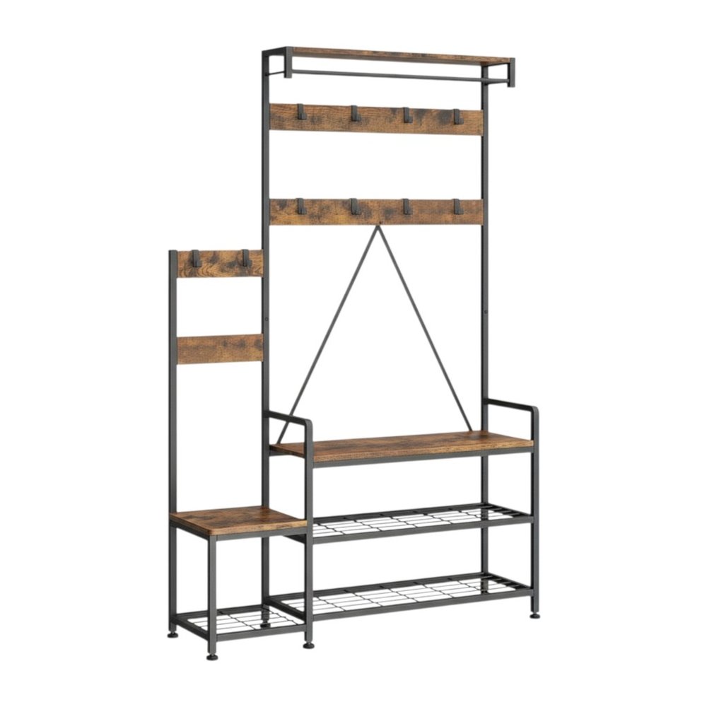 71" Black And Brown Rustic Ten Hook Coat Rack Storage Bench HomeRoots