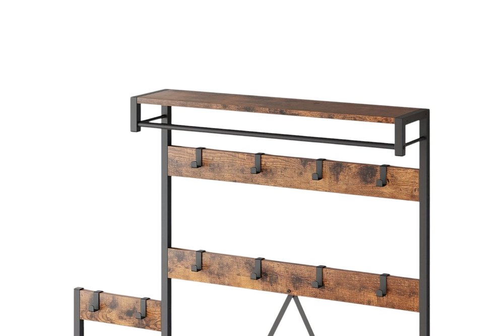 71" Black And Brown Rustic Ten Hook Coat Rack Storage Bench — view 4