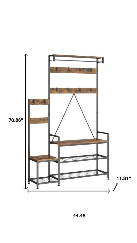 71" Black And Brown Rustic Ten Hook Coat Rack Storage Bench HomeRoots
