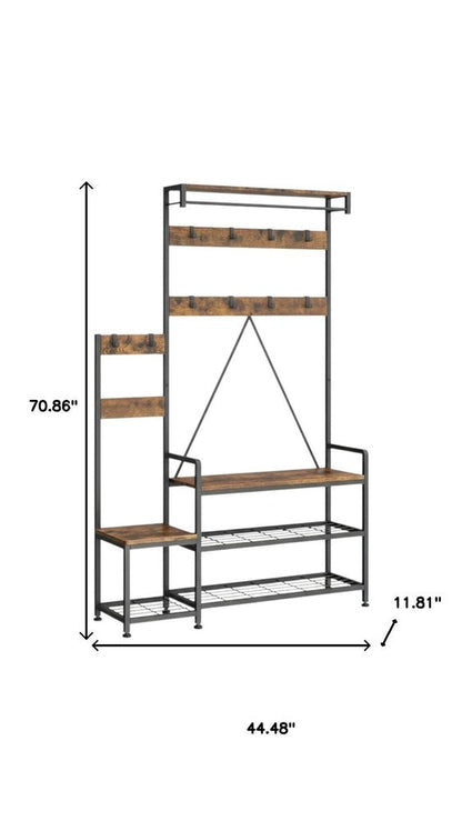 71" Black And Brown Rustic Ten Hook Coat Rack Storage Bench HomeRoots