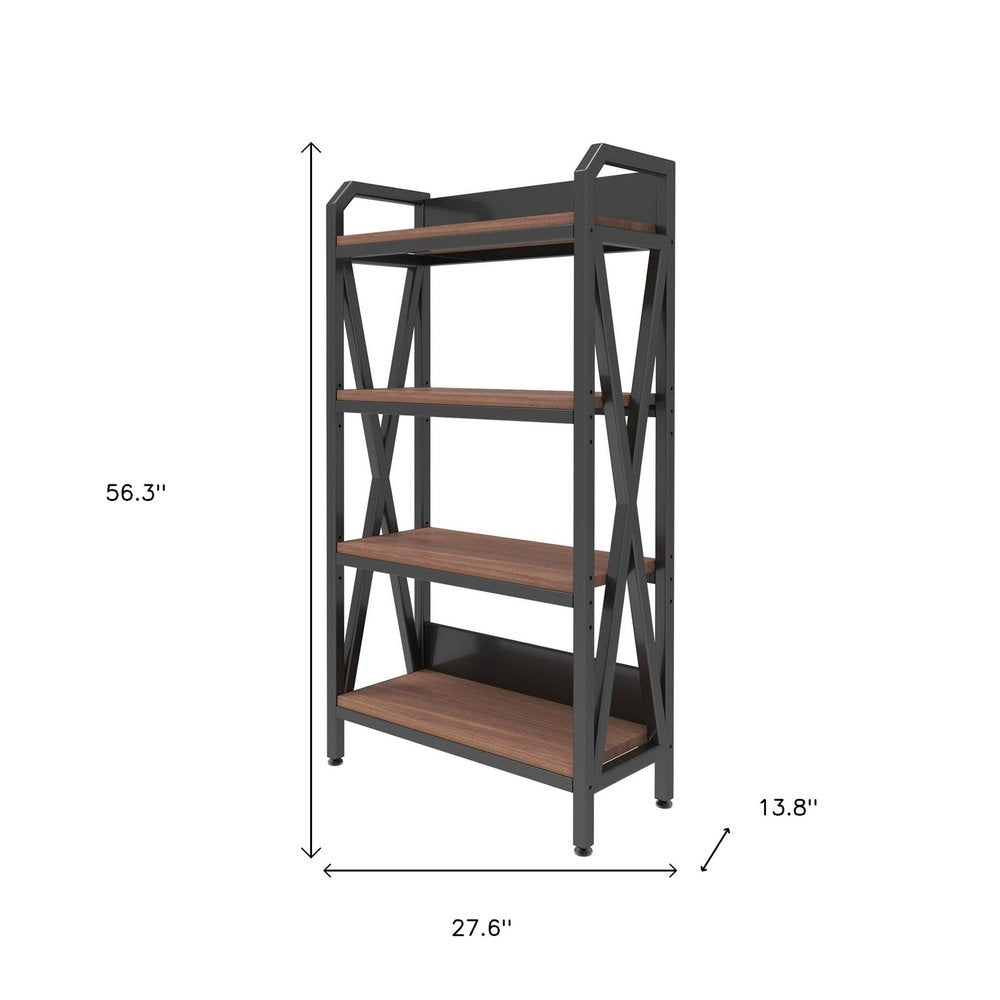 56" Black And Brown Metal and Wood Four Tier Etagere Bookcase HomeRoots