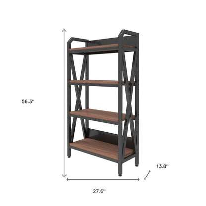 56" Black And Brown Metal and Wood Four Tier Etagere Bookcase HomeRoots