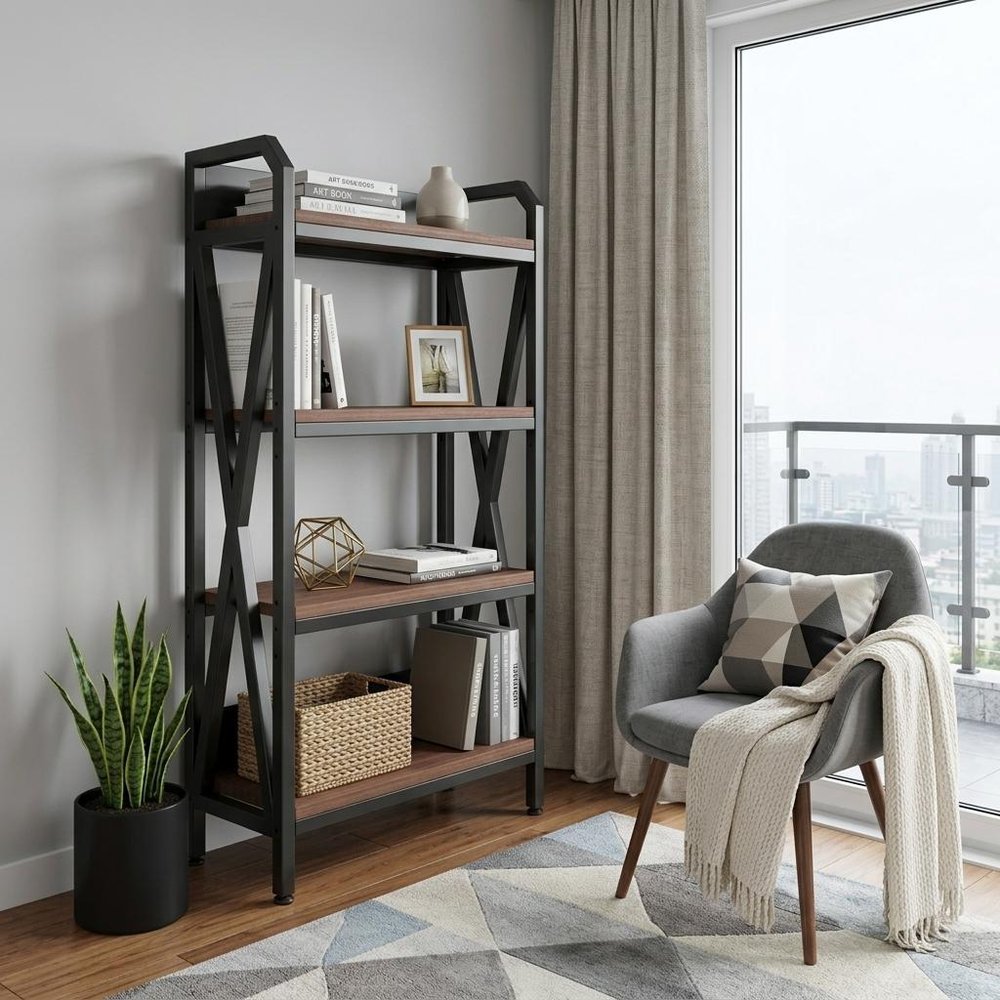 56" Black And Brown Metal and Wood Four Tier Etagere Bookcase HomeRoots