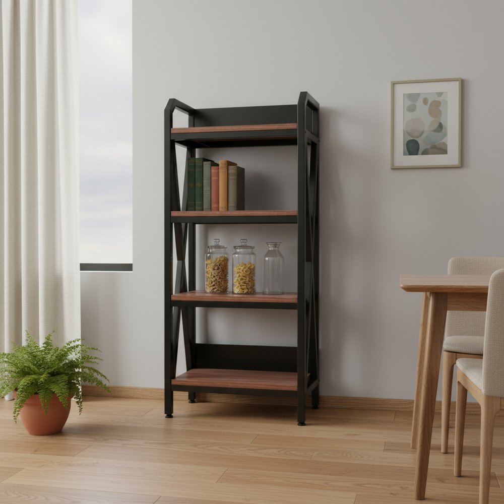 56" Black And Brown Metal and Wood Four Tier Etagere Bookcase HomeRoots