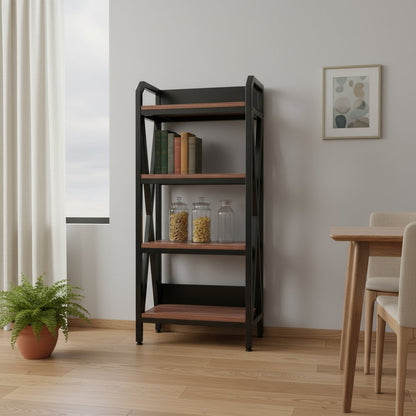 56" Black And Brown Metal and Wood Four Tier Etagere Bookcase HomeRoots