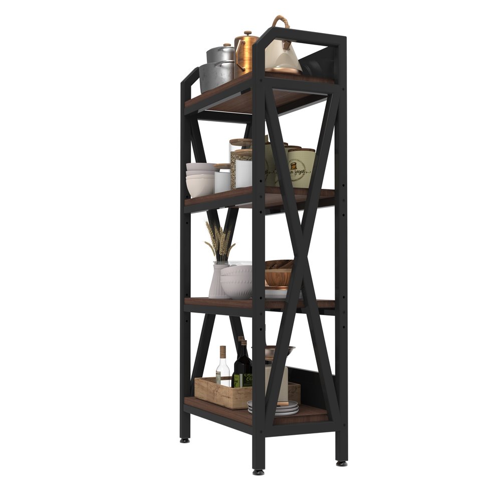 56" Black And Brown Metal and Wood Four Tier Etagere Bookcase HomeRoots