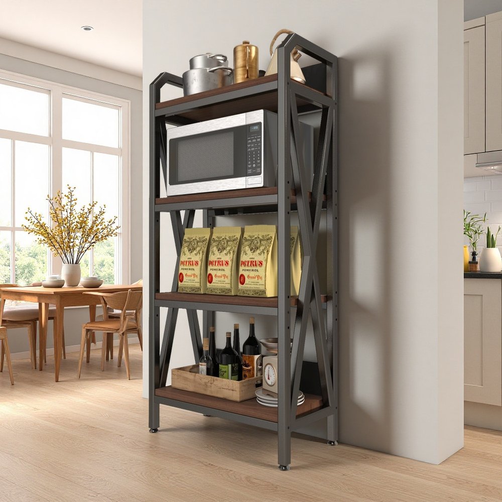 56" Black And Brown Metal and Wood Four Tier Etagere Bookcase HomeRoots