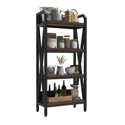 56" Black And Brown Metal and Wood Four Tier Etagere Bookcase HomeRoots