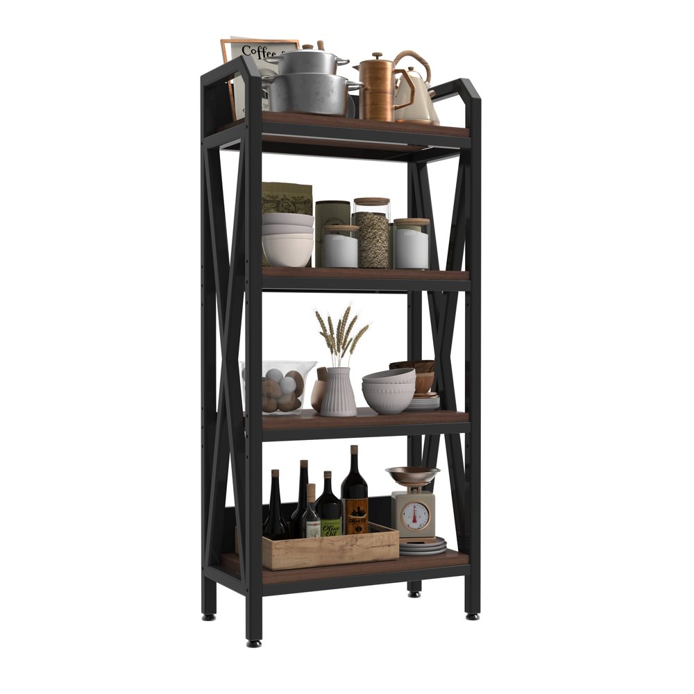 56" Black And Brown Metal and Wood Four Tier Etagere Bookcase HomeRoots
